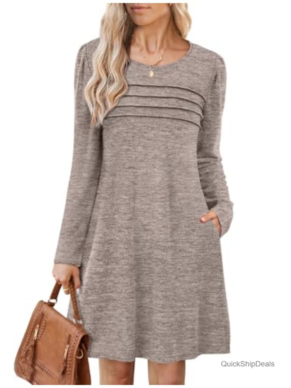 Women's Long Sleeve Tunic Dress Pleated Front Sweater Dress with Pockets Casual